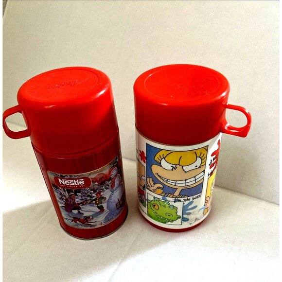 Vintage 1997 Nickelodeon RUGRATS Thermos For Aladdin  Lot 2 Simpson - Nickelodeon RUGRATS Nestle  Aladdin Thermos Lunchbox Red Plastic